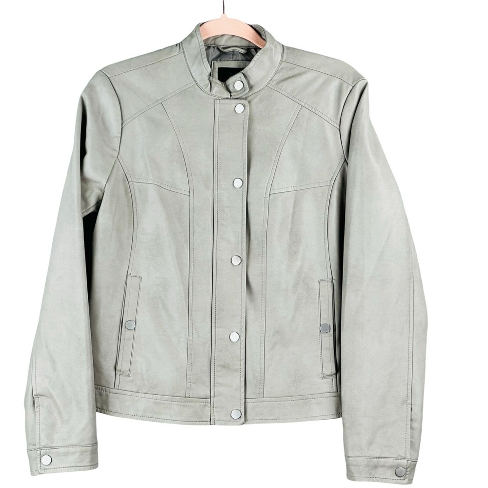 Bernardo Women's Faux Leather Moto Jacket Size M Taupe Gray Lined Snap Full Zip
